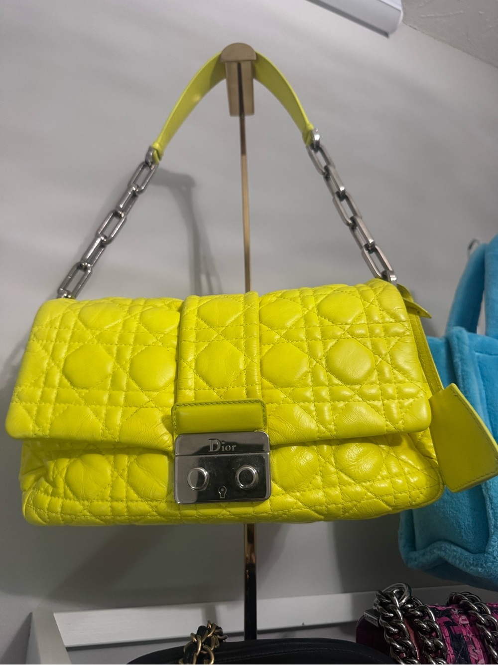 Dior Neon Yellow Quilted Shoulder Bag with Silver-Tone Chain
